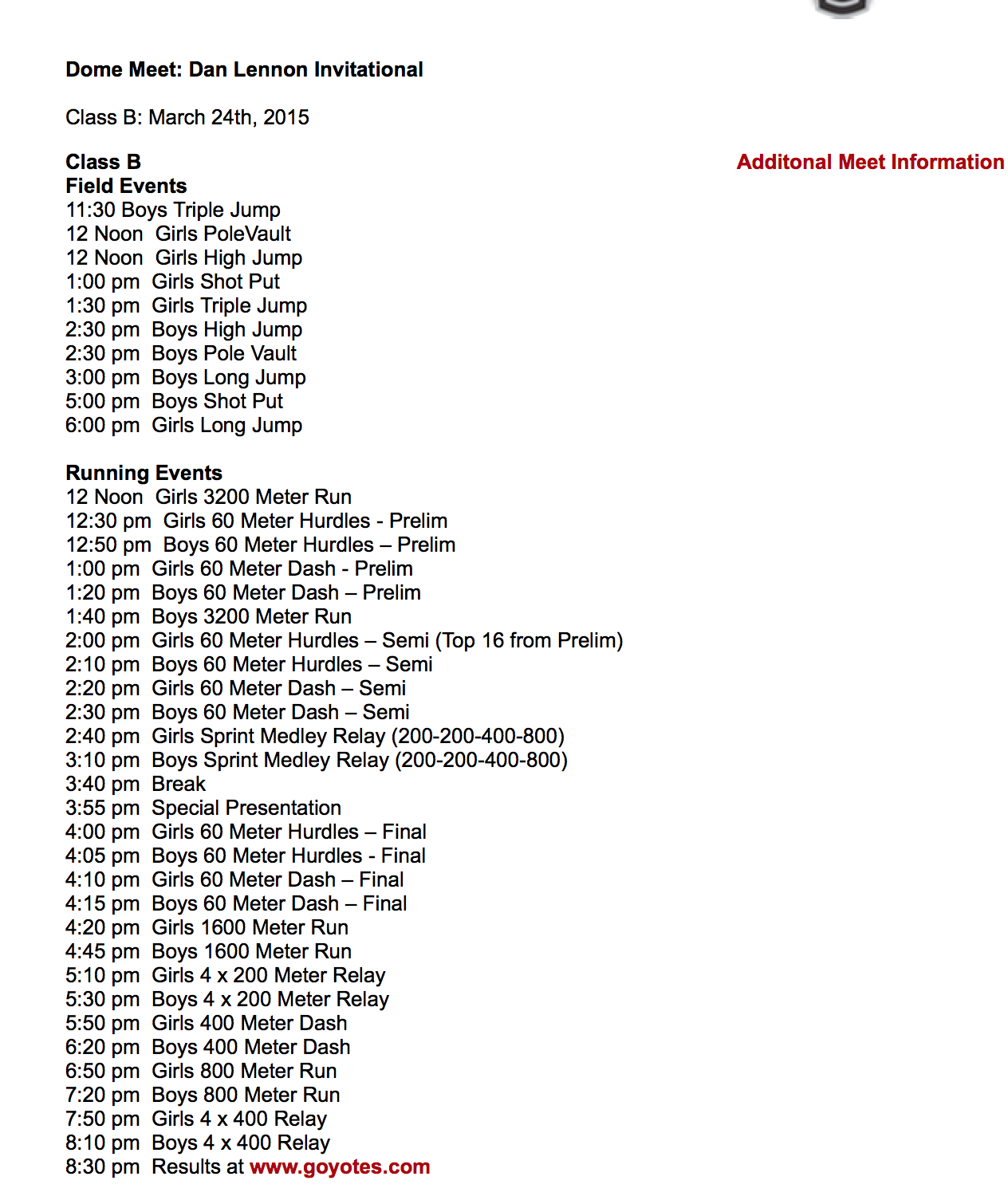 Creighton Community Public Schools Dan Lennon Track Meet Schedule of